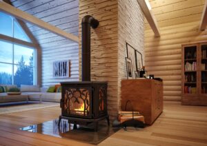 peč na drva v dnevni sobi